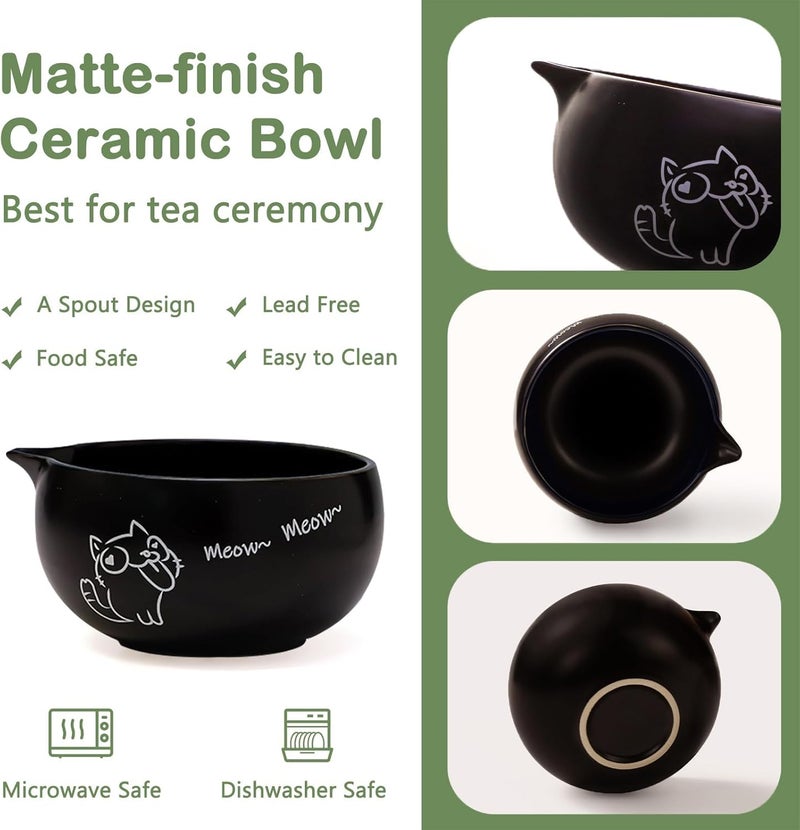 KOIMYSA Matcha Whisk Set Black, Traditional Matcha Tool Set Kit Cat Design Ceramic Chawan Bowl and Bamboo Whisk Gift for Women Friend Tea Lover - Image 3